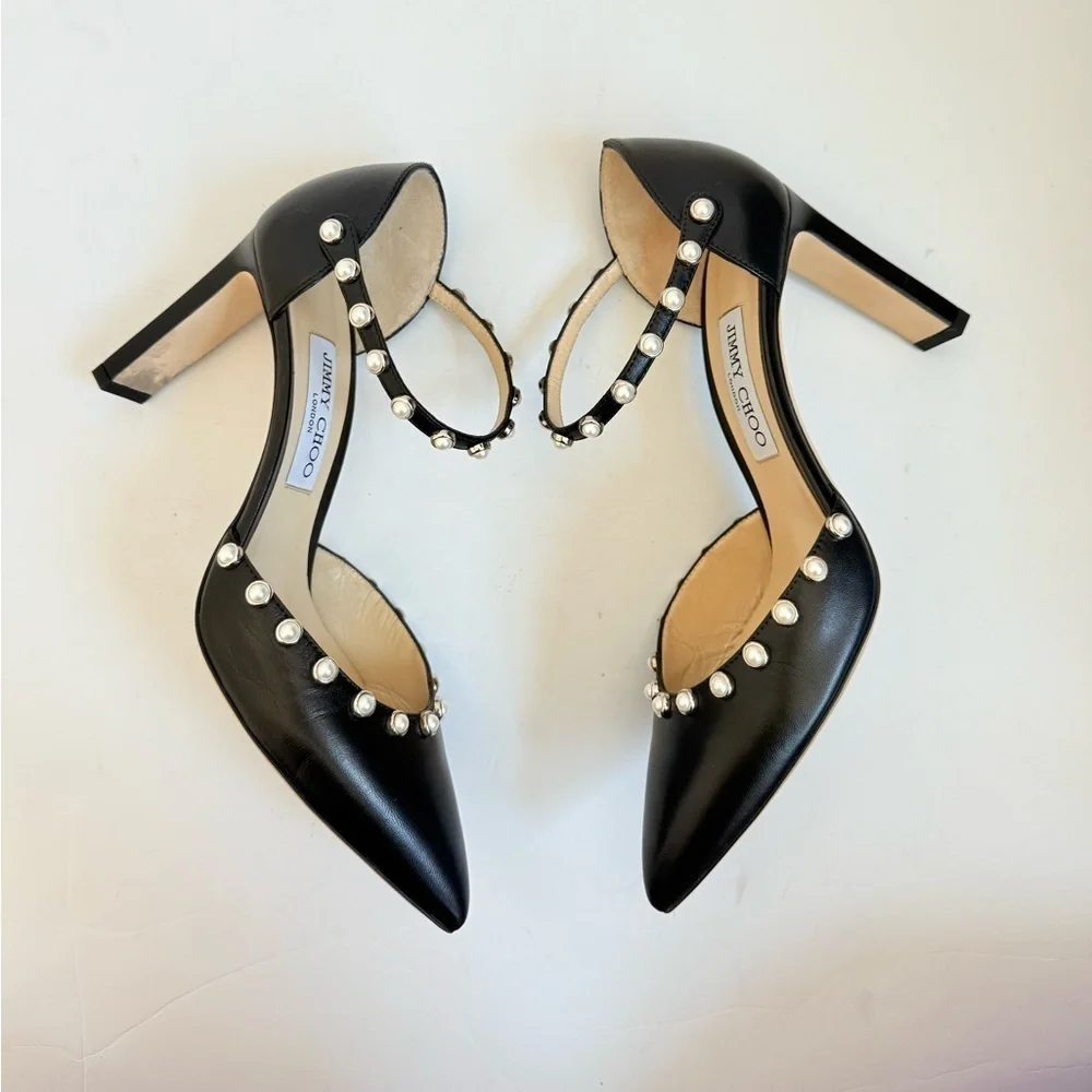 Jimmy Choo Black Nappa Leather Leema 85 pearls Mary Jane pumps EU 40